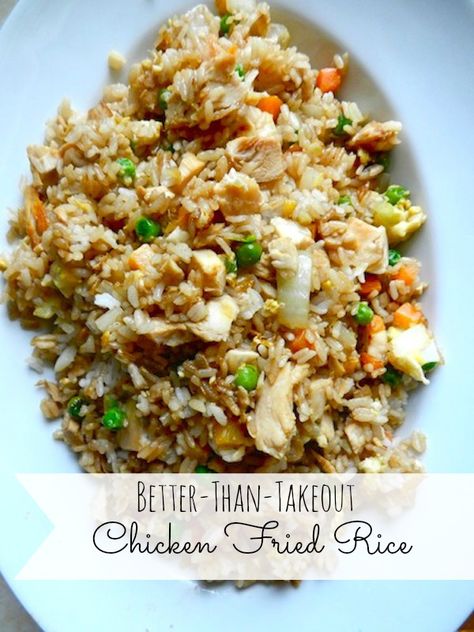 Better-Than-Takeout Chicken Fried Rice Ingredients 4 cups rice, prepared 1/2 pound boneless, skinless chicken breasts, cooked (I recommend using Slow Cooker Teriyaki Chicken!) 1 cup peas & carrots, frozen 1 small white onion, chopped 2 cloves garlic, minced 2 eggs 3 tablespoons sesame oil 1/4 cup soy sauce Arroz Frito, Salad Pasta, Chicken Fried Rice, Chicken Fried, Rigatoni, Spaghetti Squash, Sheet Cake, Edamame, Tortellini