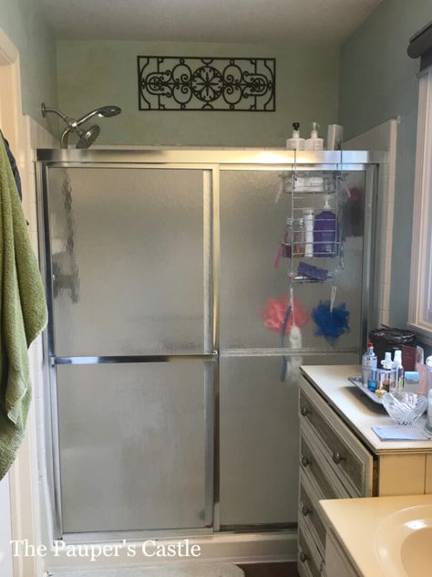 Redo Shower Stall Glass Doors, Redo Shower Stall, Old Glass Shower Door Ideas, Painting Shower Doors, Shower Door Ideas With Tub, Redo Shower Door, Painting A Shower Door Frame, Opaque Shower Door Ideas, Painted Shower Door Frame