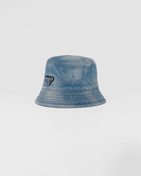 Prada Denim, Denim Bucket Hat, Bucket Hat Women, Mens Casual Dress Outfits, Denim Hat, Hat Women, Vintage Fits, Denim Accessories, Triangle Logo