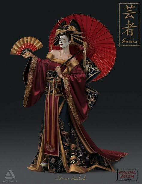 Feudal Japan, Geisha Art, Japanese Art Prints, Asian Inspiration, Design Aesthetics, Japanese Geisha, Japanese Aesthetic, Traditional Costume, Visual Development