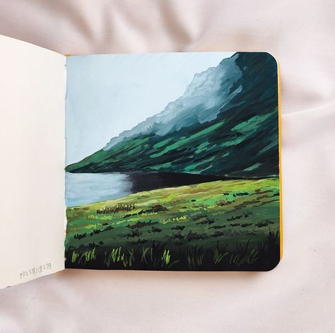 #gouache #gouachepainting #landscapepainting #dark #black #lake #cliff #green #grass #painting Gouache Practice, Guache Art, Mountain Cliff, Art Plage, Arte Aesthetic, Journal Therapy, Grass Painting, Painting Animals, Form Drawing