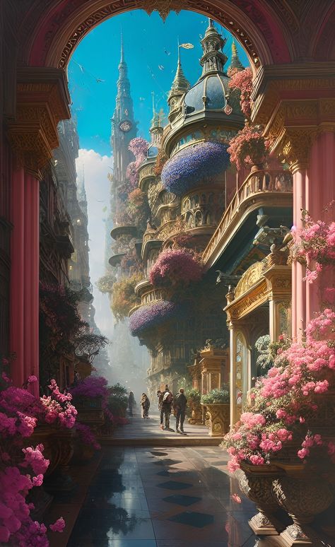 University Fantasy Art, Modern Fantasy Landscape, Flower City Fantasy Art, Art Nouveau Fantasy City, Angel City Fantasy Art, Fantasy City In The Sky, Rich Fantasy City, Nature City Fantasy Art, Science Fantasy City