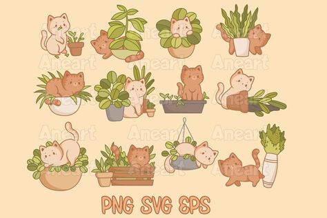 Plants Cute, Cat Clip Art, Clip Art Flowers, Cats Png, Plant Clipart, Plant Sketches, Cats Flowers, Garden Clipart, Kawaii Cats