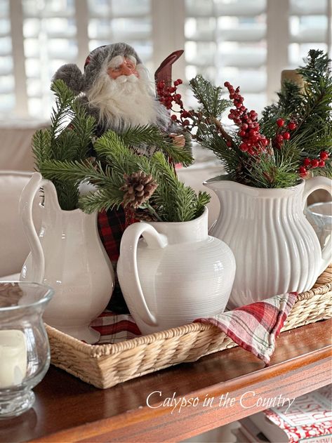 Cozy Christmas Home Tour (Classic Decorating Ideas) - Calypso in the Country Christmas Decor Ideas For The Kitchen, Christmas Crocks Decorating, Christmas Hutch Display, Simple Christmas Mantle Ideas, Cozy Christmas House, Christmas Crock Decorating Ideas, Christmas Home Tours 2024, Glass Canister Christmas Decor Ideas, Country Christmas Aesthetic