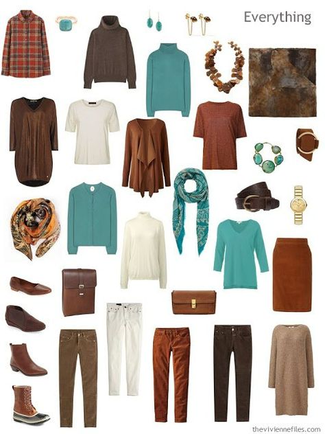 Capsule wardrobe in a brown, and turquoise color palette, inspired by art: Spirit of Autumn by Albert Pinkham Ryder Autumn Color Palette Fashion, Building A Capsule Wardrobe, Mode Ab 50, Deep Autumn Color Palette, Camel Pants, Soft Autumn Color Palette, Capsule Dressing, Teal Scarf, True Autumn