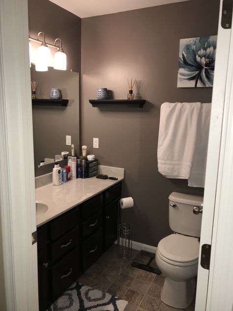 Sherwin Williams Mink in small master bathroom with no windows Colors For Bathrooms With No Windows, Bathroom Color No Windows, Small Bathroom Color Ideas No Windows, Bathroom Without Windows, Black And White Tiles Bathroom, Small Bathroom Colors, Bathroom Color, Apartment Bathroom, Bathroom Windows