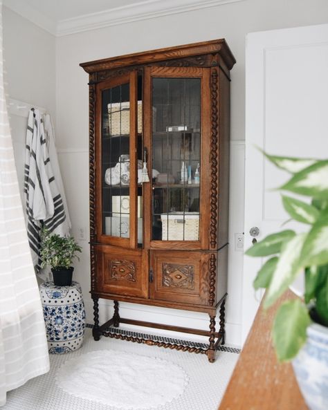 Antique Linen Cabinet In Bathroom, Bathroom Towel Cupboard, Display Cabinet Bathroom, Vintage Linen Cabinet In Bathroom, China Cabinet Bathroom Storage, Antique Cabinet Bathroom, Cozy Farmhouse Bathroom Master Bath, Antique Bathroom Storage Cabinet, Antique Towel Cabinet