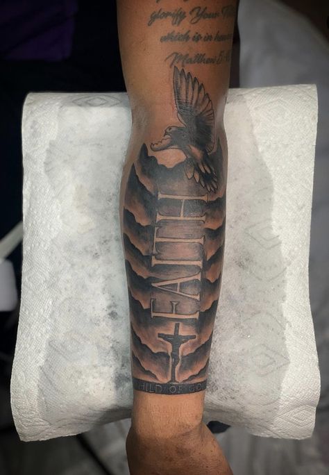 God Arm Tattoos For Guys, Forearm Tattoo Men Sleeve Black, Faith Men Tattoo, Faith Arm Tattoo, Faith Leg Tattoo Men, God Forearm Tattoo Men, Proverbs 3 5 6 Tattoo, Rare Tattoos Men Sleeve, Faith Tattoo Men