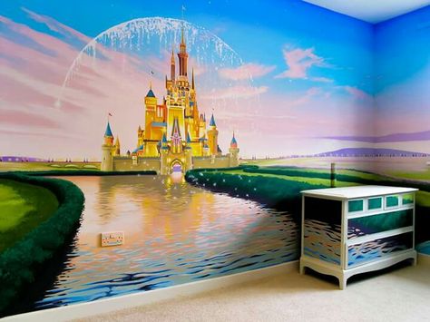 Stunning Disney castle mural by Sacredart Murals Princess Mural, Disney Wall Murals, Disney Mural, Castle Mural, Chateau Disney, Castle Nursery, Baby Room Boy, Disney Themed Nursery, Deco Disney