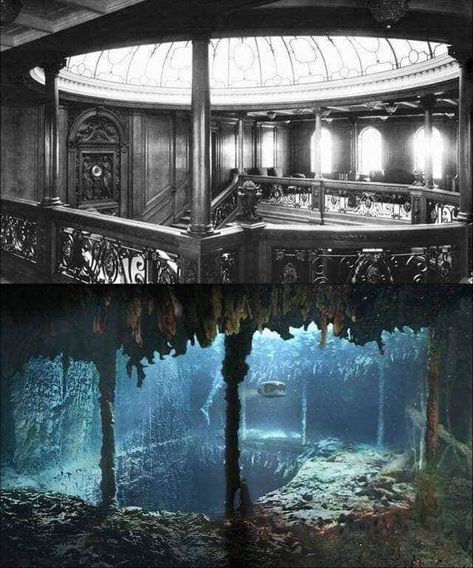 “Photo of the grand staircase of the Titanic before she sank contrasted with a photo of the staircase from the same angle 100+ years later.” Titanic 2, Titanic Underwater, Titanic Wreck, Titanic Photos, Titanic Artifacts, Titanic Facts, Titanic History, Titanic Ship, Urban Exploring