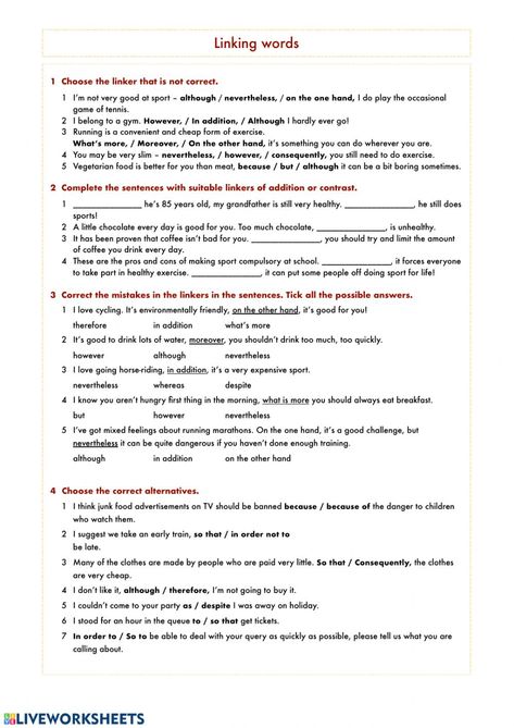 Connectors online worksheet for Bachillerato. You can do the exercises online or download the worksheet as pdf. Linking Words Worksheets, Bissell Carpet Cleaner, Home Decor Ideas Bedroom, Linking Words, Cool Kids Bedrooms, English Phrases Idioms, Decor Ideas Bedroom, Essay Writing Skills, Writing Classes