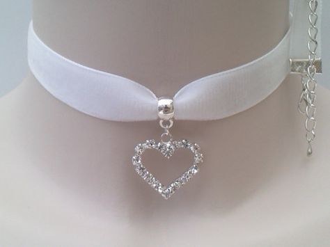 CRYSTAL RHINESTONE HEART Charm Pendant  -  White Velvet Ribbon Choker Necklace -mn... or choose another colour velvet on Etsy, $5.84 CAD Kalung Choker, قلادات متدلية, Ribbon Choker Necklace, Ribbon Choker, Magical Jewelry, White Velvet, Rhinestone Heart, Fantasy Jewelry, Girly Jewelry