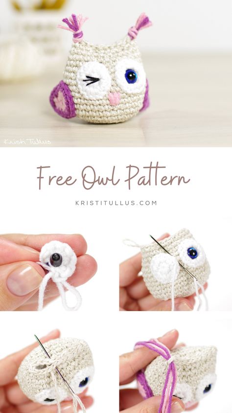 Free amigurumi owl crochet pattern with step-by-step photos. You don't need much yarn for this owl, which makes it a great project to use up any scrap yarn. It doesn't include any complicated stitches or techniques, but the small details can be a bit fiddly to make. Owl Crochet Pattern Free, Crochet Owls, Owl Crochet Patterns, Confection Au Crochet, Crochet Keychain Pattern, Crochet Owl, Crochet Animals Free Patterns, Crochet Amigurumi Free Patterns, Crochet Amigurumi Free