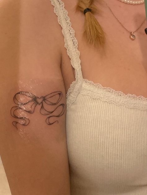 Girlhood Tattoo, Heart Ribbon Tattoo, Pink Bow Tattoos, Minimalistic Tattoo, Heart Ribbon, Ribbon Tattoos, Bow Tattoo, Small Pretty Tattoos, 4 Tattoo