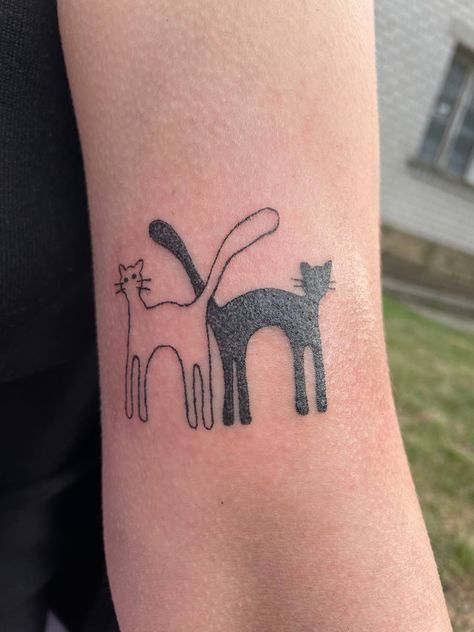 Stick And Poke Tattoo Cat, Cat Stick And Poke, Thigh Tats, Hand Poke Tattoo, Cats Tattoo, Black And White Cats, Song Tattoos, Thigh Tat, Elbow Tattoo