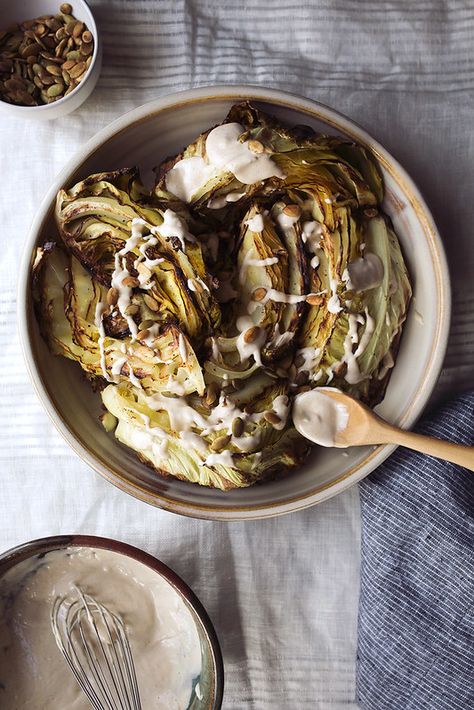 Roasted Cabbage Wedges with Garlic Tahini and Toasted Pepitas - Tasty Yummies Cabbage Wedges, Roasted Cabbage Wedges, Tahini Recipe, Roasted Cabbage, Vegan Dinners, Tahini, Side Dish Recipes, Vegetable Recipes, Food Inspiration