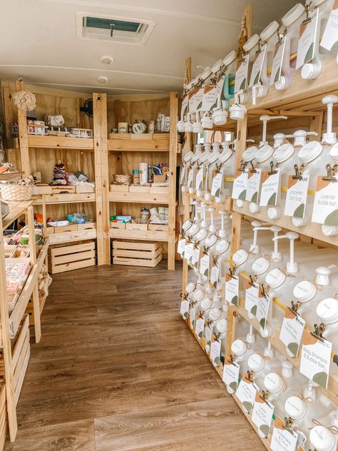 Bulk Store Ideas, Mobile Soap Shop, Apothecary Design Interior, Soap Store Design, Zero Waste Store Interior, Holistic Store Ideas, Refillery Store Design, Mobile Refillery, Refillery Store