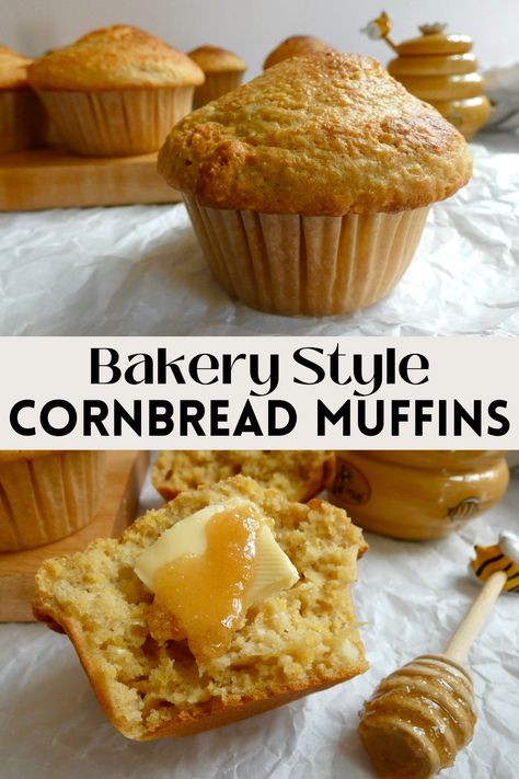 These bakery style cornbread muffins are so tender and they rise super tall in the oven. They are perfect by themselves or as a side dish at dinner! Jumbo Cornbread Muffins, Fluffy Cornbread Muffins, Moist Sweet Cornbread Muffins, Honey Cornbread Recipe Muffins, Honey Butter Cornbread Muffins, Bakery Style Corn Muffins, Famous Daves Cornbread Muffins, Cornbread Muffin Recipe, Jalepeno Cornbread Jiffy Corn Muffins