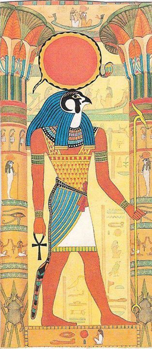 Since Horus was said to be the sky, he was considered to also contain the sun and moon. It became said that the sun was his right eye and the moon his left, and that they traversed the sky when he, a falcon, flew across it. Ra Sun God Ancient Egypt, Ra Egyptian God Art, Egyptian Gods Art, Ra Sun God, Pharaonic Art, Horus Egyptian God, Horus Art, Egyptian God Ra, Egyptian Falcon