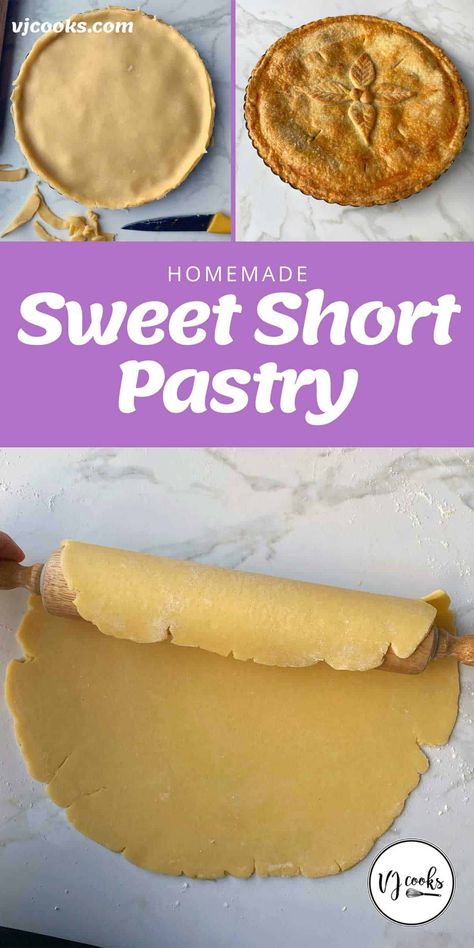 An easy recipe for homemade sweet short pastry made from basic pantry staples including flour and butter. A versatile pastry that can be the base of many pies, tarts and other desserts. This type of pastry can be made with or without a food processor. #vjcooks #sweetshortpastry #homemadepastry #desserts #nzbaking Sweet Short Pastry Recipes, Easy Pastry Dough, Banoffee Tart, Pie Pastry Recipe, Pastry Dough Recipe, Vj Cooks, Short Pastry, Pastry Dishes, Butter Pastry