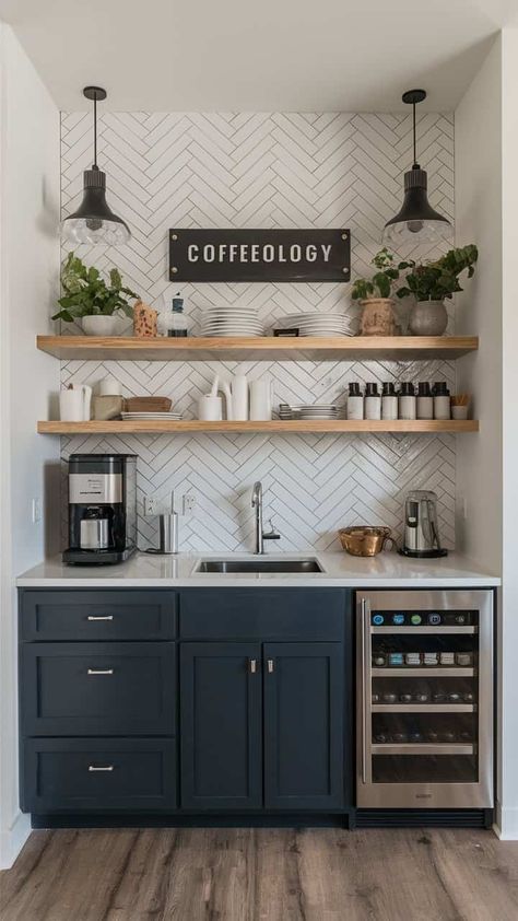 Coffee Bar Built In, Built In Coffee Bar, Office Kitchenette, Home Coffee Bar Ideas, Bars In Kitchen, Coffee Bar At Home, Coffee Bar Ideas Kitchen Counter, Bar Nook, Coffee Station Kitchen