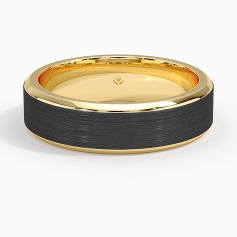 Men's 18K Yellow Gold Titanium and Merle Black 6mm Wedding Ring. A classic mixed metal look is crafted with an outer shell of titanium and a handsome beveled edge and interior of smooth, lustrous gold in your choice of 18K white, 18K yellow, or 14K rose gold.     The white gold version of this design features no rhodium plating, allowing a warm hue to shine through. Rose Gold Mens Wedding Band, Wedding Band Guide, Mens Wedding Rings Gold, Mens Wedding Bands Black, Groom Ring, Mens Band Rings, Mens Gold Wedding Band, Black Wedding Band, Black Wedding Rings