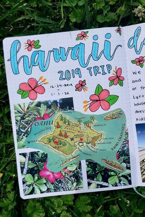 Trip Journal Ideas Travel Memories, Hawaii Travel Journal, Summer Scrapbook Ideas Aesthetic, Summer Scrapbook Page Ideas, Hawaii Scrapbook Ideas, Preppy Scrapbook Ideas, Scrapbook Summer Ideas, Hawaii Scrapbook Layouts, Scrap Booking Ideas Layouts Aesthetic