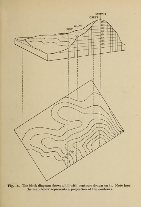 Fig. 16. From a drawing of a hill with contour lines added to a contour map. Popular map reading. 1928. Architecture Mapping, Contour Lines, Map Reading, Contour Line, Contour Map, Diagram Architecture, A Hill, Architecture Presentation, Architecture Sketch