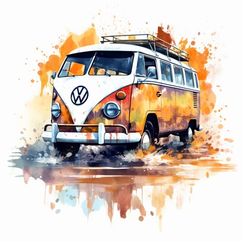 Volkswagen Bus Art, Vw Microbus, Van Volkswagen, Bus Art, Vw Art, Water Drawing, Cars Classic, Art Water, Art Digital Art