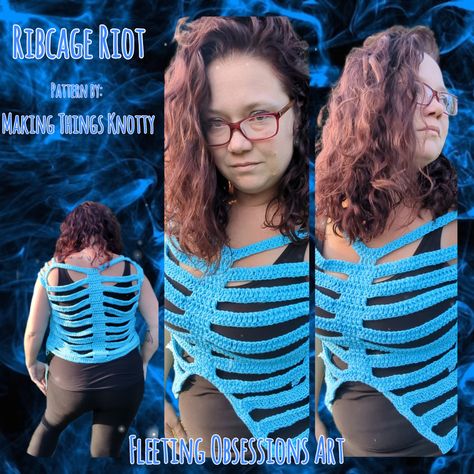 Are you excited for the release of the Ribcage Riot top?  Go follow @makingthingsknotty and get the pattern soon!  This one has a surprise...it glows!  You will be able to order ready made tops soon!  #makingthingsknotty #fleetingobsessionsart #fleetingobsessionscrafts #ribcageriot #skeletontop #skeleton #ribcage #bones #crochet #crochetribcage #altcrochet Crochet Rib Cage Top Pattern, Crochet Skeleton Top Pattern Free, Crochet Ribcage Top, Crochet Rib Cage, Crochet Ribcage, Crochet Skeleton Top, Skeleton Top, Crochet Costumes, Clever Crafts