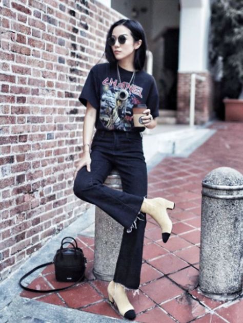 The New Cult T-Shirt Brand You're About to See Everywhere Rock N Roll Street Style, Rock N Roll Inspired Outfit, Vintage Rock Outfits, Rock Tshirt Outfit, Rock N Roll Outfit, Rock And Roll Chic, Rock N Roll Fashion, Yoyo Cao, European Street Style