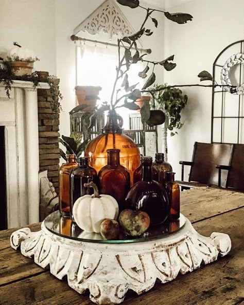 Cottage Thanksgiving, Vintage Bottles Decor, British Autumn, Good Evening Friends, Cloche Decor, Vintage Fall Decor, Outside Fall Decor, Wood Riser, Fall Vignettes