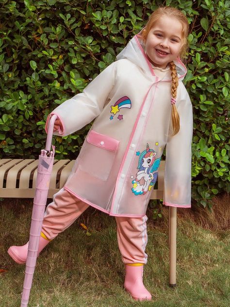 Clear  Collar  EVA Cartoon Rain Jackets Embellished   Kid's Raincoat Pink Rain Coat, Kawaii Raincoat, Pink Waterproof Long Sleeve Raincoat, Raincoats For Kids, Kids Raincoats, Transparent Raincoat, Girls Raincoat, Raincoat Outfit, Raincoat Kids