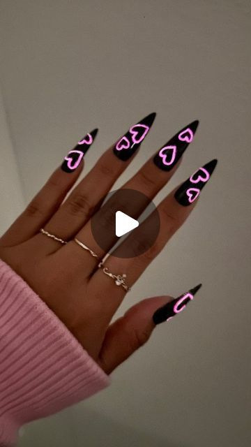 Daily Charme Official on Instagram: "NAIL TUTORIAL: Glowing Neon Hearts 💖 Comment "glow" if you want an EASY glow in the dark nail hack 🌟  Save & share for inspo!  Using: • H63 Abracadabra • 002 Perfect White • Tinted Glass T12 Pink Lady • White Glow in the Dark Powder • Long Stiletto Charme Tips  Ib @gabriannanails  #glowinthedarknails #gidnails #neonnails #neonsignnails #vdaynails #valentinesnails #pinknails #nailinspo #nailtutorial #stilettonails" Dark Nail Art, Neon Hearts, Dark Nail Designs, Dark Pink Nails, Neon Acrylic Nails, Long Nail Art, Dark Nail, New Years Nail Designs, Pastel Nails Designs