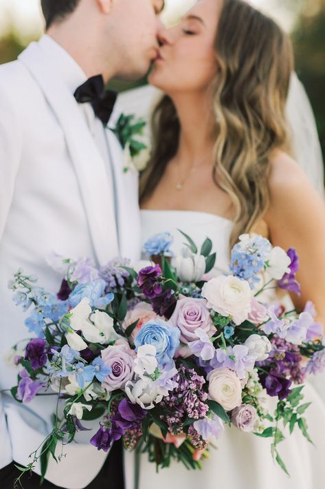 Bridal and Bridesmaid bouquets in pastel blues and purples. Wedding in Dallas, TX. Florals by Black House Blooms and photo by Lyndi Ruth Purple Blue Wedding Flowers, Blue And Lavender Wedding Flowers, Blue And Purple Bouquet Wedding, Purple Blue And White Wedding, Dusty Blue And Purple Wedding Flowers, Lilac And Dark Blue Wedding, Pastel Blue And Purple Wedding Theme, Blue Purple Gold White Wedding, Dark Purple And Light Blue Wedding