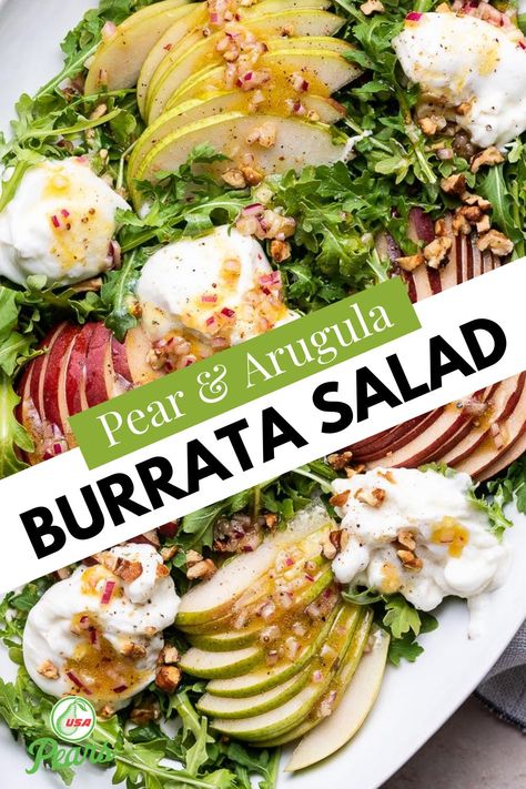 Simple burrata salad made with pears and arugula! Creamy burrata cheese and walnuts make this salad recipe a delicious and easy side salad or meal on its own. Refreshing idea for summer or perfect for the fall pear season. This is a great family friendly crowd pleaser! Arugula Pear Salad, White Balsamic Dressing, Burrata Salad Recipe, Easy Side Salad, Roasted Broccoli Salad, Salad With Fruit, Bbq Salad, Burrata Recipe, Burrata Salad