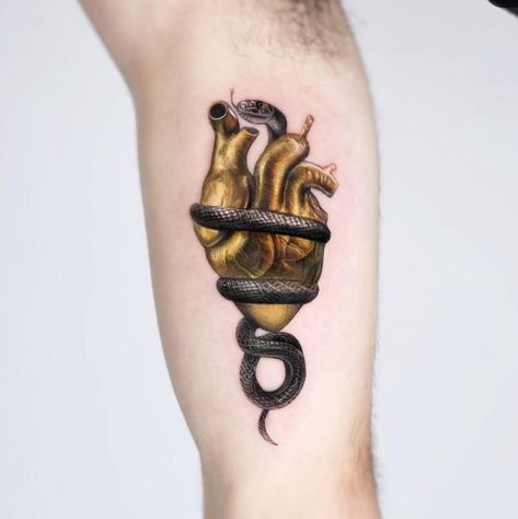 Golden Heart Tattoo, Golden Snake Tattoo, Black Mamba Tattoo, Gold Tattoo Ink, Fancy Tattoo, Drawing Monsters, The Black Mamba, Mamba Mentality, Snake Tattoos