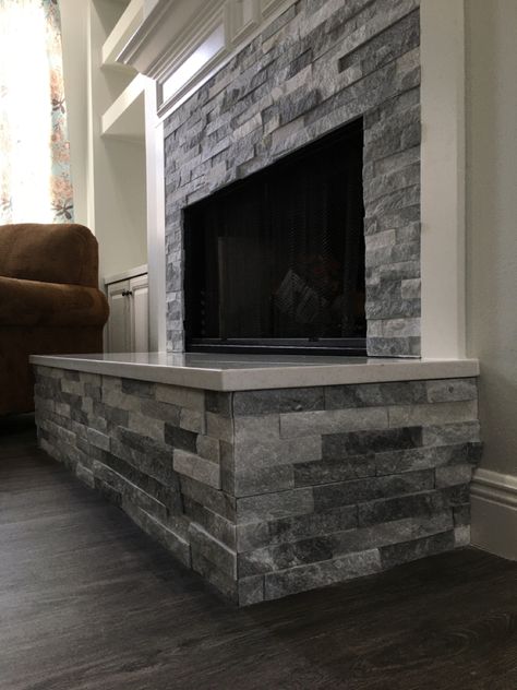 Grey Stone Fireplace With Wood Mantle, Gray Rock Fireplace, Gray Stone Fireplace, Brick Tv Wall Ideas, Gray Stone Fireplace Wood Mantle, Gray Ledger Stone Fireplace, Ledger Stone Fireplace, Farmhouse Fireplace Stone Vinear, Faux Stone Fireplaces