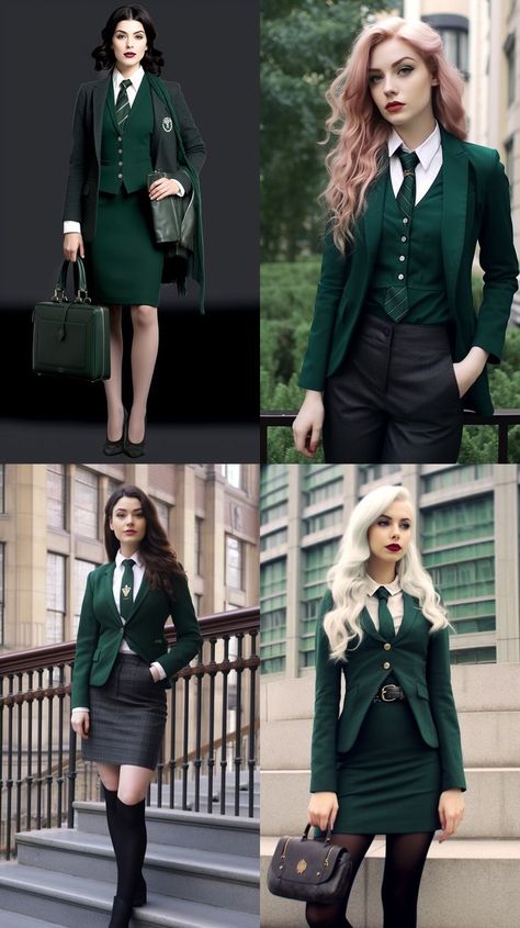 Slytherin Uniform Female, 2000s Fashion Fall, Academia Aesthetic Fashion, Slytherin Dress, Slytherin Uniform, Slytherin Costume, Witch Outfits, Slytherin Outfit, Slytherin Fashion