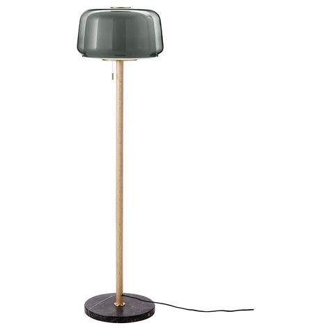 IKEA - EVEDAL, Floor lamp with LED bulb, marble gray, gray, This lamp has an opaque inner shade and a colored glass outer shade, so it provides both ambient lighting and direct light. This lampshade in glass is mouth blown by a skilled craftsperson and therefore unique. LED light bulb included. Ikea Floor Lamp, Floor Lamp Base, Smart Bulb, Side Table Lamps, Ikea Family, New Flat, Grey Marble, Let There Be Light, Led Light Bulb