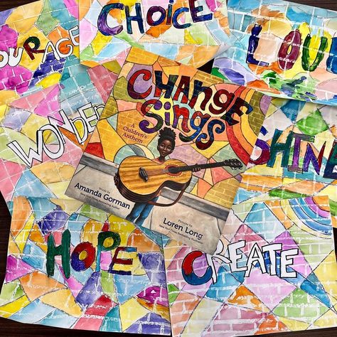 Lauralee Chambers🌀 on Instagram: “When @crayola sent ‘Change Sings’ by @amandascgorman, I hoped to inspire my 4th graders with her words… to think about and create their…” Word Art Projects, Elementary Art Name Projects, Primary Color Elementary Art Projects, African American Artists For Kids, Typography Art Lesson Elementary, Art Lessons Elementary Famous Artists, Spark Art, African Art Projects, Hope Art