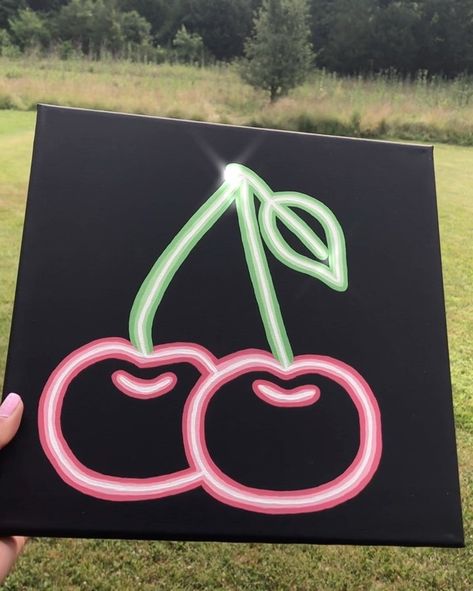 Medina Khatib on Instagram: “Cherries neon sign!!🍒 now available on Etsy! thank you to everyone who suggested a neon sign they wanted to see me paint🥰 I love doing…” Neon Art Painting, Cherries Painting, Painting Simple, Trippy Painting, Hippie Painting, Neon Painting, Simple Canvas Paintings, Cute Canvas Paintings, Canvas Drawings