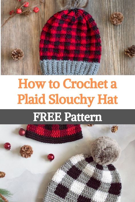 This plaid crochet hat is a classic. You need a full-color collection! You'll love this fun and unique plaid crochet technique! Once you start crocheting plaid, you won't be able to stop.The free pattern includes adult instructions, but you can get additional sizes in the downloadable PDF! This hat screams HOLIDAY, it is made almost entirely with dc stitches, and it can be made very quickly. Crochet Lovely, Slouchy Hat Crochet Pattern, Crochet Plaid, Slouchy Hat Pattern, Crochet Hat For Beginners, Plaid Crochet, Plaid Hat, Crochet Slouchy Hat, Chic Crochet