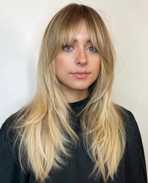 Long Hairstyle with Wispy Layers and Curtain Bangs Cute Hairstyles With Long Bangs, Long Whispie Bangs, M Shaped Airy Bangs, Fringe Bangs And Layers, Wispy Bangs Long Layers, Wispy Layered Hair, Straight Hair Side Bangs, Best Haircuts For Straight Hair, Bangs Layered Hair