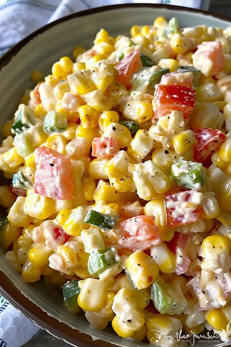 Refreshing Summer Corn Salad Creamy Corn Salad Recipe, Creamy Salads, Corn Salad Recipe Easy, Picked Vegetables, Frito Corn Salad, Corn Salad Recipe, Fresh Corn Salad, Corn Salad Recipes, Creamy Corn