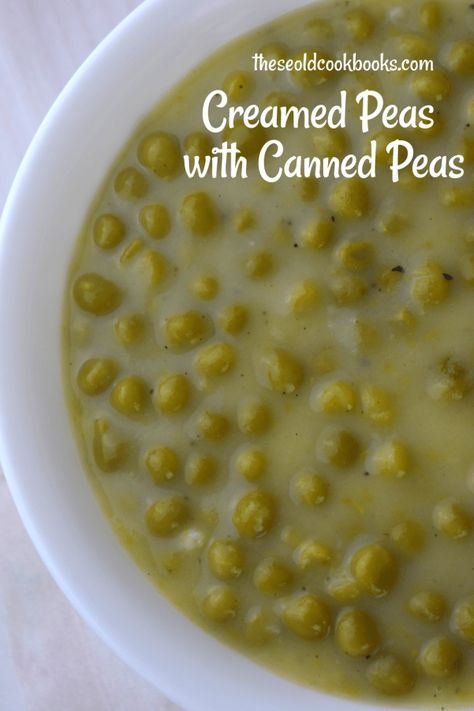 Creamed Peas using Canned Peas may not be fancy, but it’s fast, economical, easy, and my kids love them. All it takes is a can of green peas, butter, flour, milk, salt and pepper. #peas Canned Peas Recipe, Creamed Veggies, Can Peas Recipe, Creamed Peas Recipe, English Peas Recipe, Creamed Peas And Potatoes, Canned Peas, Green Peas Recipes, Canned Potatoes