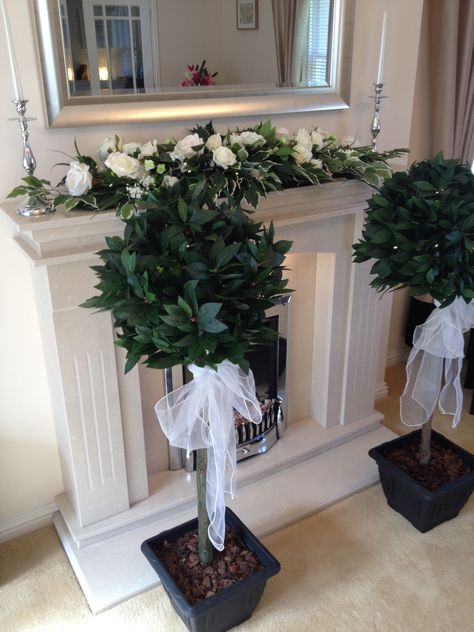 Our lovely bay trees with their LED lights, black pots and organza sashes Manzanita Tree Centerpieces, Manzanita Tree, Bay Tree, Wedding Archway, Led Tree, Tree Centerpieces, Hanging Plants Indoor, Wedding Hire, Wedding Table Flowers