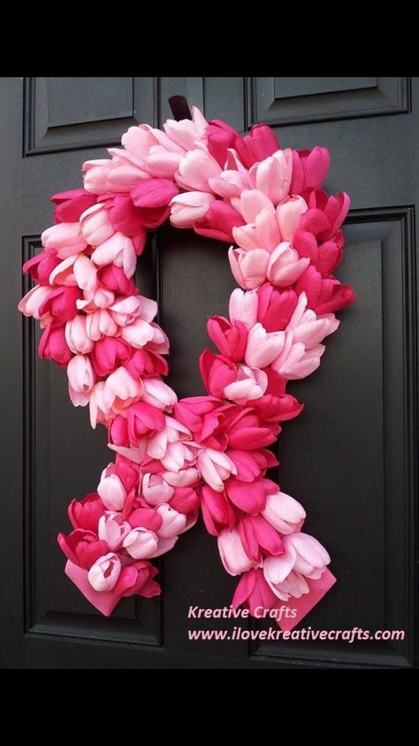 Crafts To Give As Gifts, Pink Tulip Wreath, Tulip Wreath, Pink October, Rosa Pink, Pink Tulips, Pink Ribbon, Spring Wreath, Making Ideas