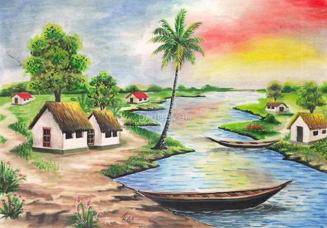 Beautiful Scenery Paintings, Village Scene Drawing, Village Drawing, Easy Landscape Paintings, Drawing Scenery, Scenery Painting, Art Village, Scenery Paintings, Oil Pastel Drawings