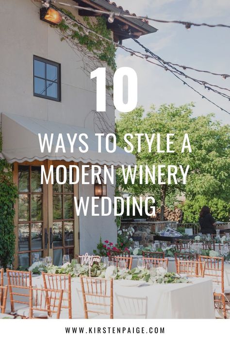 10 Ways to Style a Modern Winery Wedding, #kpbride | Kirsten Paige | Truly one of my favorite weddings to date was our Kirsten Paige bride, Brooklyn! Her wedding was outdoors at Clos LaChance Winery in California. Styled & planned all by herself. With twinkle tights, wooden chairs, greenery, white bouquets, white bridesmaid dresses and more this wedding decor is one not to miss. View the full blog post for more! -> https://www.kirstenpaige.com/blog/california-vineyard-wedding/brooklyn-and-jason Weddings At Vineyards, October Vineyard Wedding, Winery Wedding Inspiration, Winery Wedding Decorations Centerpieces, Wedding In Winery Vineyard, Winery Themed Wedding, Boho Winery Wedding, Winter Vineyard Wedding, Modern Winery Wedding